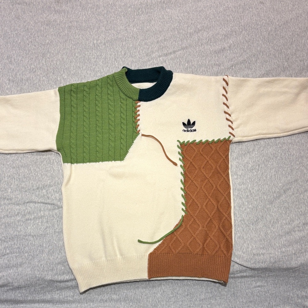 Adidas Men's Patchwork Sweater - Green, Cream, and Brown